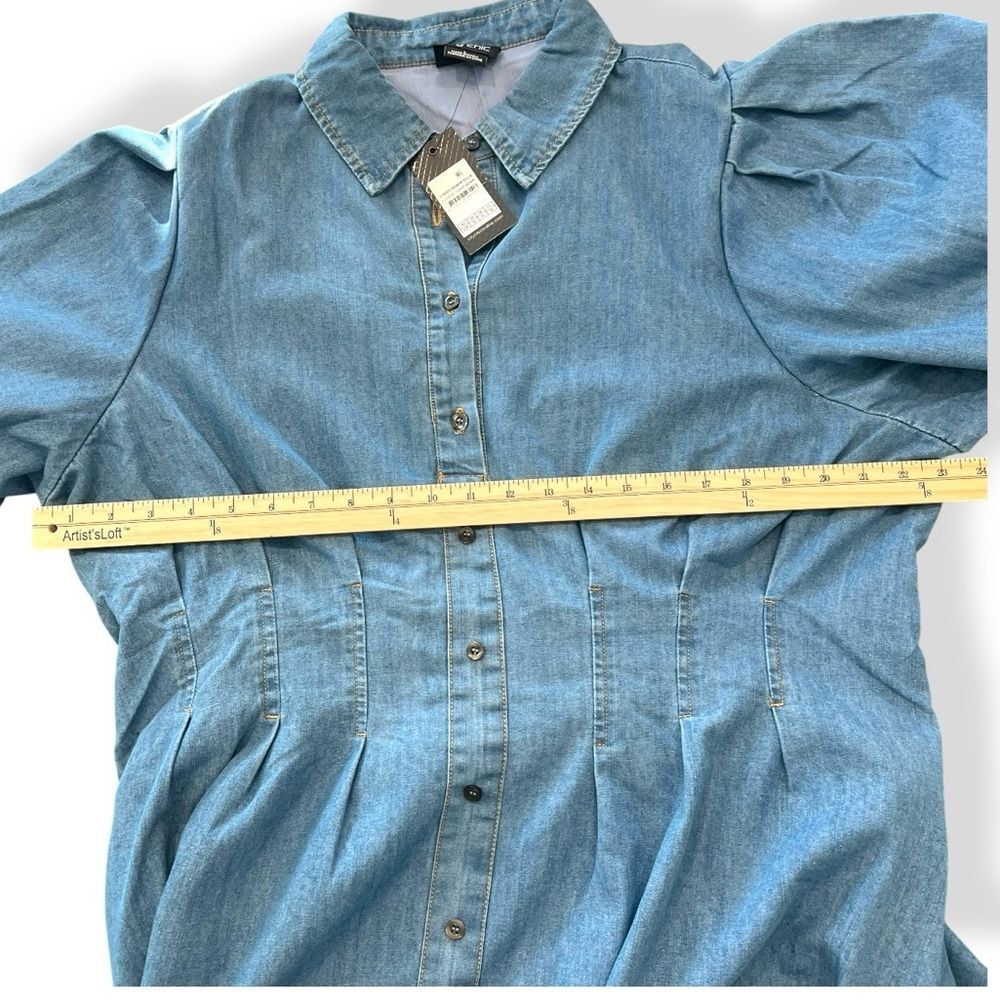 City Chic Ella Denim Shirt Dress Puff Sleeve Button Front Chambray Mini 20 NWT - Picture 11 of 15